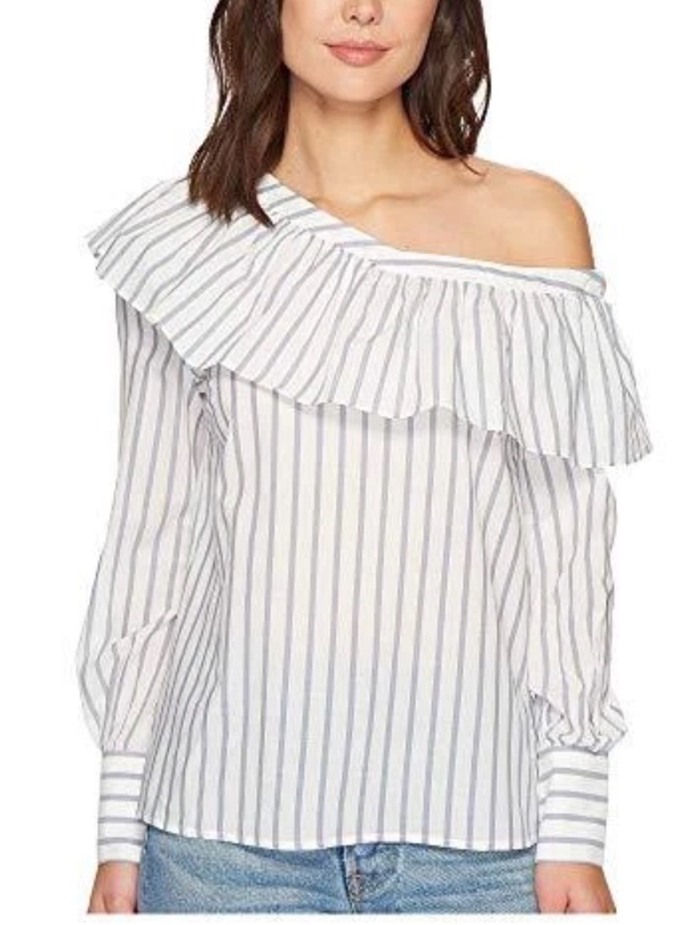 NWT | PAIGE Halsey one-shoulder ruffle White Blue striped poplin blouse Sz XL